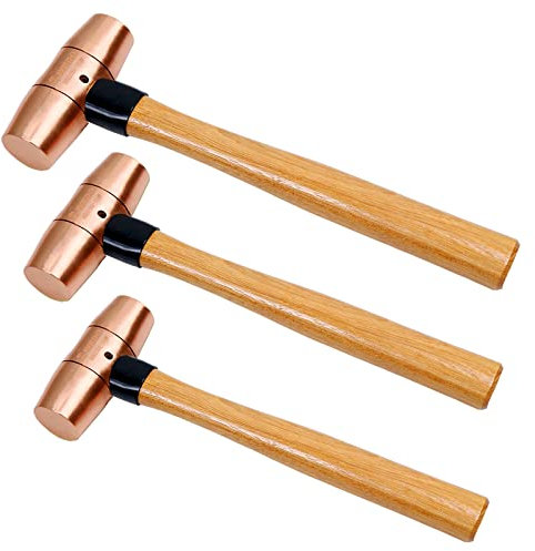 WEDO Lot de 3 marteaux en cuivre, 0,9 kg + 0,5 kg + 0,9 kg, kit de marteau à traîneau, marteau en cuivre massif, poignée en bois, forgé, résistant à la corrosion, norme DIN
