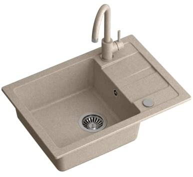 GO SMART Evier granit cuisine | Taille 62 x 44 x 17,5 cm Beige | Evier encastré simple avec robinet