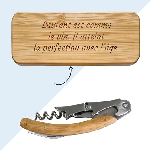 KDO MAGIC - Coffret en bois Personnalisé Tire bouchon inclus | Idée cadeau homme, papa, fête des pères, anniversaire | Accessoire à vin personnalisable prénom gravé | Coffret sommelier