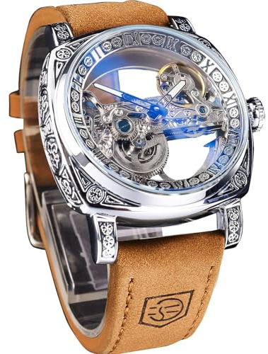 FORSINING Montre Homme Mécanique Automatique Carrée Squelette Dorée, Bracelet en Cuir Vintage Style Rétro, Étanche, Montre Bracelet Classique pour Homme (Gold)