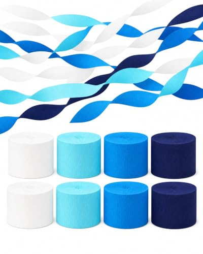 8 blaue und weiße Luftschlangen, 200 m, Krepppapier, Party-Dekorationen | Jede Rolle ist 25 m lang und 4,6 cm breit, ideal für Geburtstagspartys, Abschlussfeiern und Babypartys