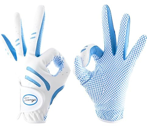 Golfhandskar barn ett par ungdom golfhandske vänster och höger hand golfhandske junior golfhandske pojkar flickor lädertyg andas golftillbehör för barn stabilt grepp för perfekt gunga (blå, L)