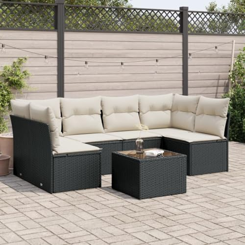 ULUYYUC 7-TLG. Garten-Sofagarnitur, Eckbank Küche Küchensofa Terrassenmöbel Gartenbank Geeignet für Außenbereich Hinterhof Garten Balkon mit Kissen Schwarz Poly Rattan