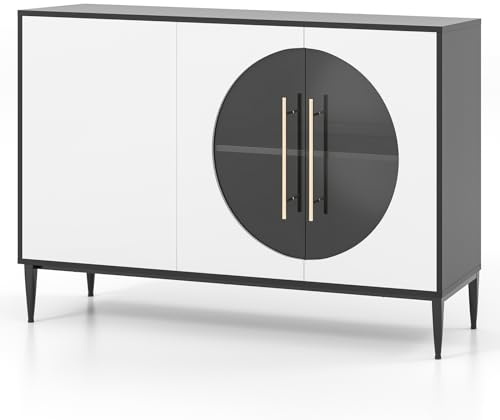 GOPLUS Meuble de Rangement Bas, Portes en Verre & Pieds en Métal, Étagères Réglables, Charge 150kg, Buffet Salle à Manger pour 3 Portes, 120x35x80cm, Noir+Blanc