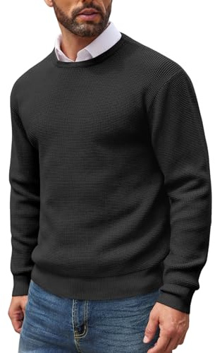 COOFANDY Suéteres de Punto de Cuello Redondo para Hombre, Corte Ajustado, Casuales, Ligeros, con Textura de gofre, de Manga Larga-Negro M