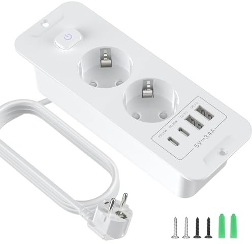 PABANCE - Regleta empotrable de 4 tomas, con 2 conectores USB A y 2 USB C, cable de extensión de 2 m, regleta empotrada para oficina, hogar