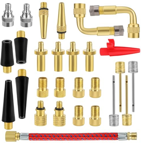 28pcs Bicycle Valve Adapter Set, Brass Bike Tire Valve Stem Adapter Inflation Kit Accessories for Standard Pump or Air Inflatable Attachment Compressor for Presta Schrader