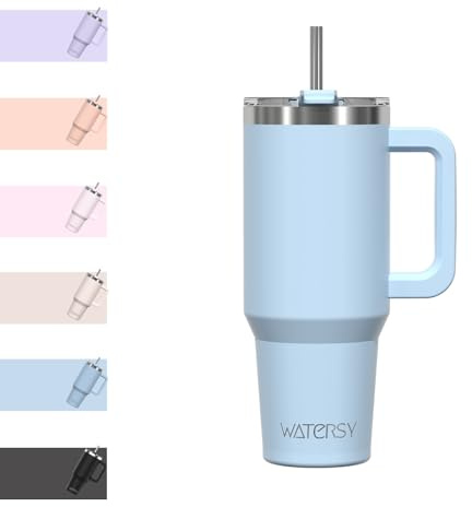WATERSY 891ml Mug Isotherme avec Paille et Poignée, 30oz Double Acier Inoxydable Bleu Tasse de Voyage Isotherme, Anti-fuite, Gobelet à Café à Emporter, Pour Voiture, Bureau, Travel