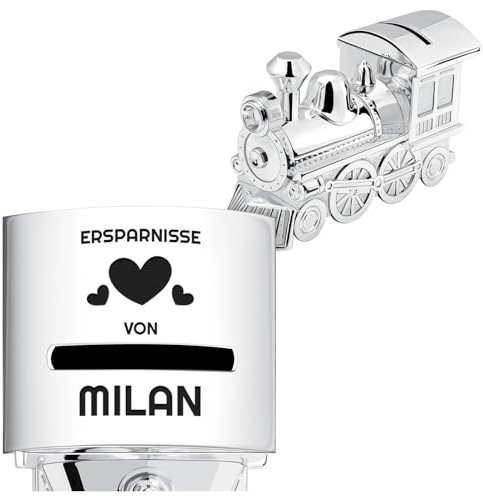 Maverton versilberte Spardose Lokomotive mit Gravur - personalisierbare Kinder Sparbüchse - Deko Zug Figur - Baby Sparbox - Wiederverwendbare Spardose für Mädchen und Jungen zum Geburtstag - Herzen