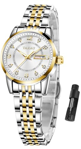 Taxau Damen Uhr Wasserdicht Quarzuhr Gold Silber Edelstahlband Armbanduhr