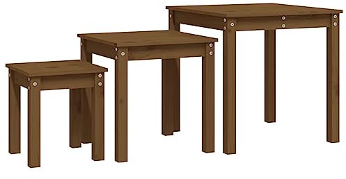 SDWEHO7 Couchtisch 3er Set, Satztische Sofatisch Wohnzimmertisch Beistelltisch für Wohnzimmer Schlafzimmer, Honigbraun Massivholz Kiefer