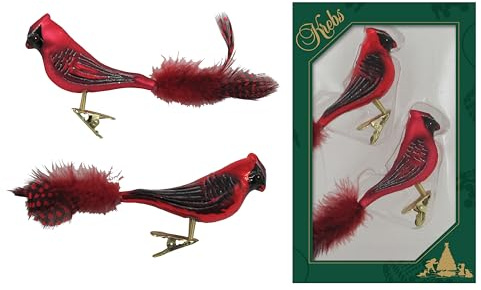 Krebs Glas Lauscha - Weihnachtsdekoration/Christbaumschmuck aus Glas - Kardinal auf Clip - Farbe: Rot - Menge: 2 Stück - Größe: ca. 15 cm