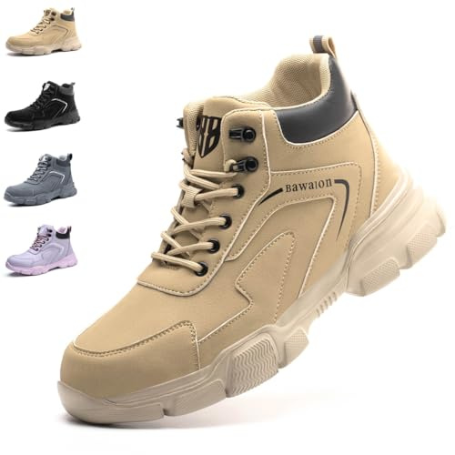 Nasogetch Scarpe Antinfortunistiche Uomo Donna Alte Scarpe da Lavoro Impermeabile Stivali da Lavoro Leggere Comode con Punta in Acciaio 9193 Kaki 38 EU