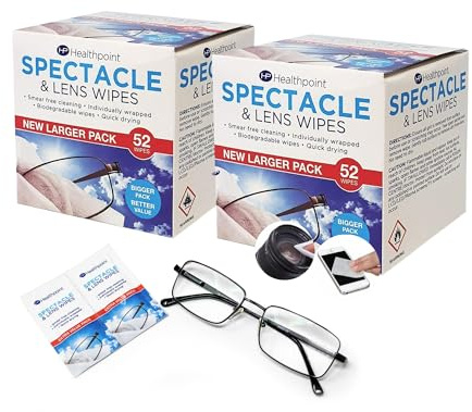 Healthpoint 104 Pack Spectacle and Lens Wipes - Gentle, Individually Wrapped Wipes for Streak-Free Cleaning of Glasses, Cameras, Binoculars, and Smartphone Screens - (2 x Packs of 52)