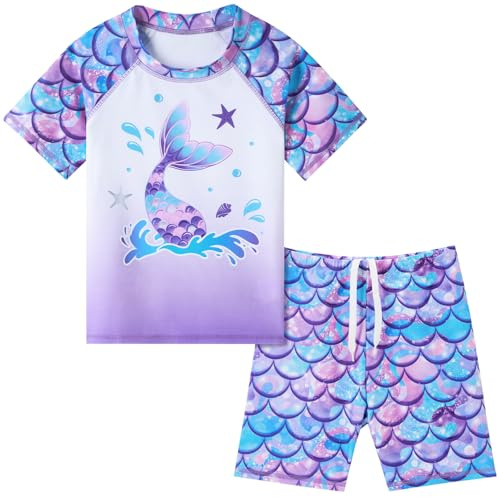 WAWSAM Costume da Bagno per Ragazze 2 Pezzi Rash Guard per Bambini Costumi da Bagno A Maniche Corte UPF 50+ Protezione Maglietta e Pantaloncini