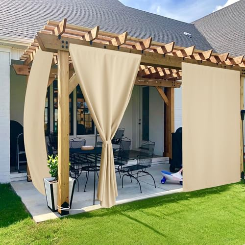 PONY DANCE Cortinas Opacas Termicas Aislantes con Cierre de Gancho y Bucle, Cortinas Impermeable de Exterior Resistente Al Viento de Patio 2 Piezas,132x213cm,Beige Oscuro