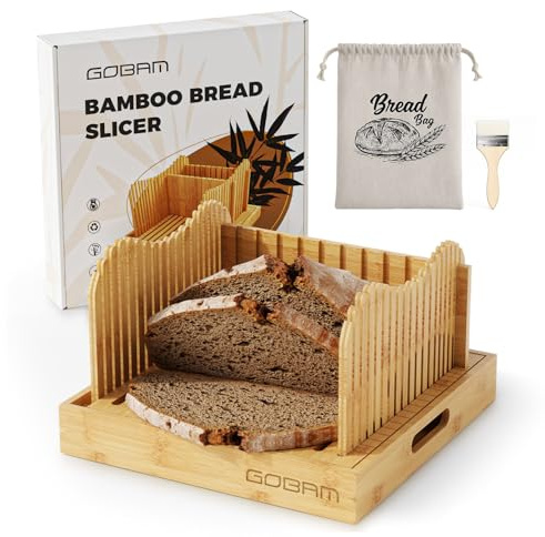 Gobam Adjustable Bamboo Bread Slicer, Fits Bread up to 6.4”H & 10”W, Extra-Large & Tall Design for Sourdough & Homemade Loaves, 3 Thickness Settings, Crumb Tray, Foldable, Ideal Gift for Bread Lovers