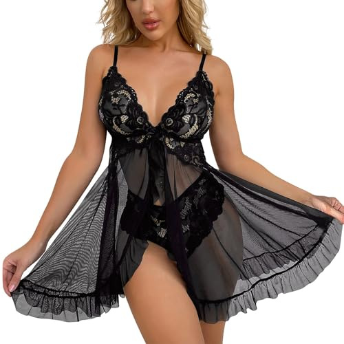 Generisk korsett underkläder kvinnor sexig underkläder öppen front klänning spets chemise sleepwear mesh nattkläder med stringnät set, svart, 3XL