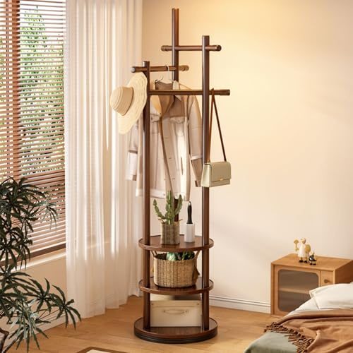 MSFE Drehbare Garderobenständer, Freistehender Kleiderständer aus holz mit 3 Kleiderstangen,3 Runde Ablagen, Garderobenständer mit schuhablage,Coat Rack für Kleidung, Hut, Tasche, Platz sparen