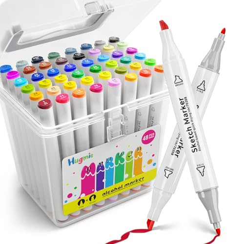 HUGMIE Marker Stifte Set, 48 Farben Alkohol Markers, Doppelspitze Graffiti Stifte mit Aufbewahrungsbox für Malerei, Design, Manga, Skizzieren