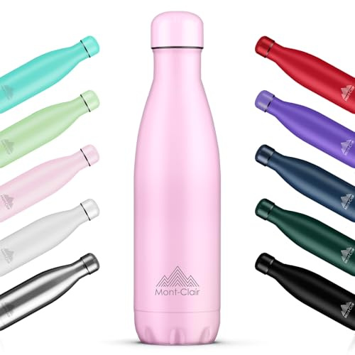 Mont-Clair l'O Stainless Steel Water Bottle, Vacuum Insulated - BPA Free, 12h Hot & 24h Cold Drinks, Metal Water Bottle 500ML Leakproof, Ideal for Adult, Kids, Running - Pink | Keeps Drinks Cold 24 Hours and Hot 12, Double Walled, Leakproof Lid, Reusable for Sport, Pink