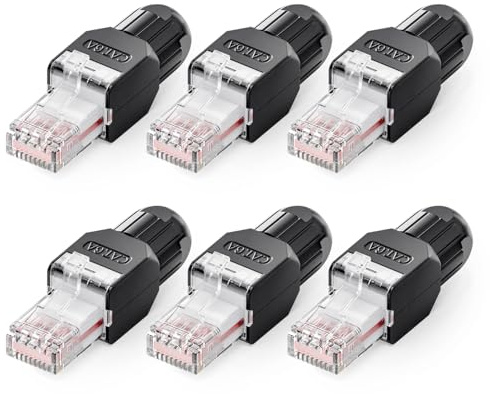 VCELINK Connecteur RJ45 sans Outil Cat6A, Fiche RJ45 UTP, Noir, 6 Pièces | 10 Gbps/500 MHz, Prise RJ45 Compacte Réutilisable, Fiche Ethernet UTP Plaqué or pour Câble Réseau AWG 23-26, Compatible PoE