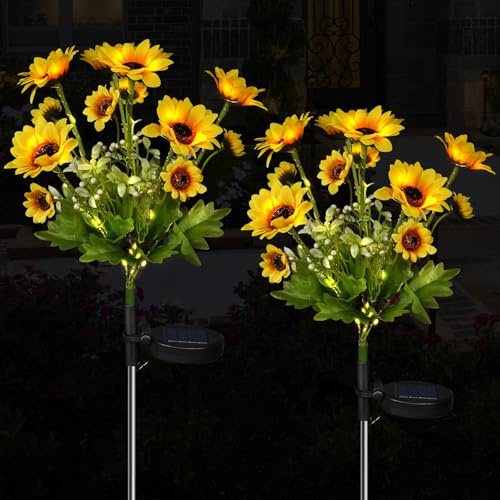 Aolyty 2 Pcs LED Solar Garden Lights, Waterproof Sunflower Stake Light, Outdoor Decorative Artificial Ornaments for Grave Patio Pathway