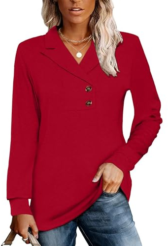 Tisfeer Damtröja långärmad toppar knapp v-ringad tunika skjortor business dressy vardaglig gunga solid pullover 2025, Röd, XL