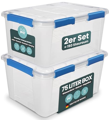 Kreher® Aufbewahrungsbox 75 Liter mit Deckel – wasserdicht & staubdicht, transparent & stapelbar, BPA- & schadstofffrei, robuste Kunststoffbox mit Silikondichtung & 6 Clips (2)