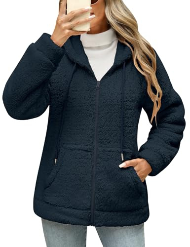 Yuson Girl Veste Polaire Femme Zippé Chaud Teddy Décontracté Sweat a Capuche Sherpa Sweatshirt en Peluche Épaissir Outwear Cardigan Manteau Hiver Peluche Blouson avec Poches(Marine, M)