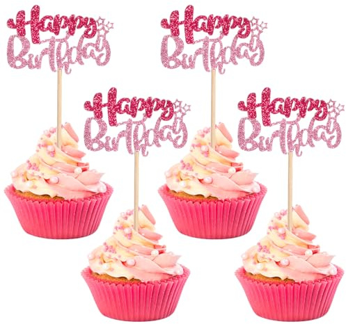 24 Pcs Happy Birthday Cupcake Toppers, Glitter Happy Birthday Cake Decorations, Mini Cakes Supplies for Celebrating B-day, Anniversary Theme Party