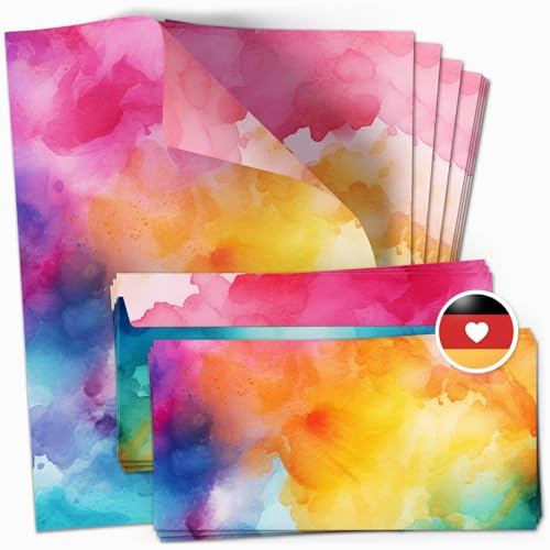 10 Briefpapier und Briefumschlag Set | Regenbogen Bunt Aquarell Modern edel | Papier und Umschlag mit Design-Motiv bedruckt | 90 g/m²