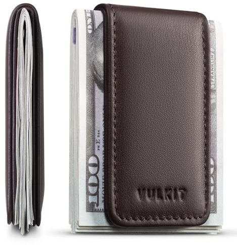 VULKIT Pince à Billets Magnétique Mince en Cuir Véritable Nappa Porte-Carte de Visite de Crédit Porte-Billets, Aimant Puissant Peut Contenir 15 x Billets de Banque Pliés