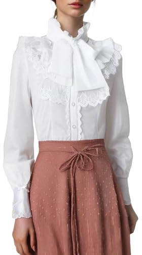 Camicia da donna in stile vittoriano, stile vintage, con fiocco, a maniche lunghe, con scollo a volant, per il tempo libero, con colletto alto, stile streetwear, O bianco., S