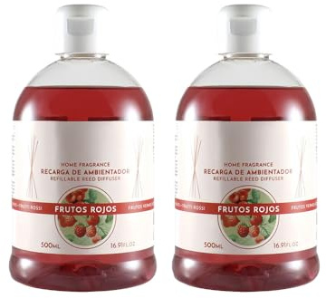 PLUS HOME Ambientador Mikado Reposición- Incluye palitos de Recambio - aroma Duradera - Ideal para el Hogar, Baño, Casa - 500 ml -Frutos Rojos