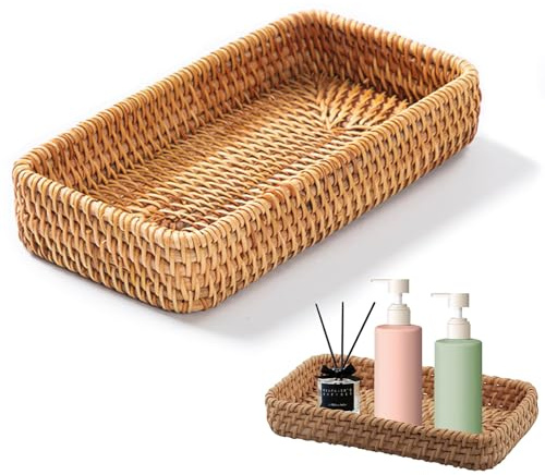 EUREKORA Rattan Badezimmer Eitelkeit Tabletts Weidenkorb für das Badezimmer Rechteckiges Korb Aufbewahrung für Dekoschale Baddeko Schlüsselschale Boho Deko Flechtkorb Aufbewahrungskorb（21x11x3.5cm）