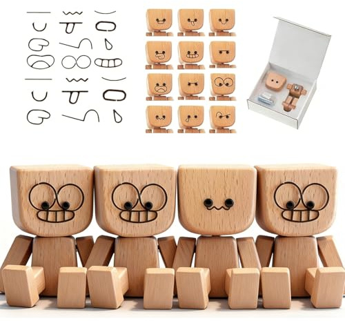 OKESYO Figura de coche tambaleante, 4 piezas de hombre de madera con 12 expresiones magnéticas, madera hecha a mano para salpicadero o escritorio