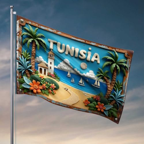 Décoration de bar extérieure Tunisie : un paradis tropical avec phare et voiliers drapeau pour décoration de porte de chambre (60 x 90 cm)