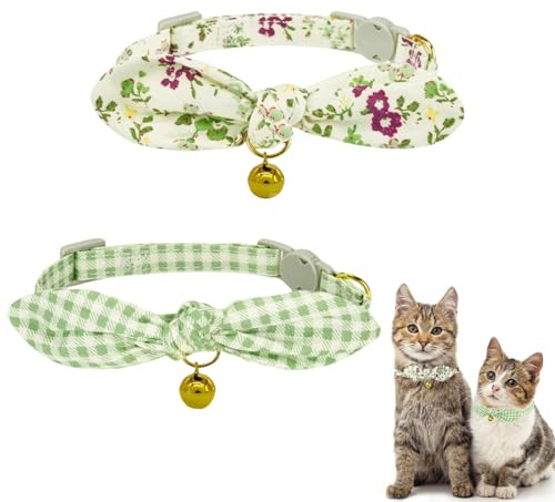HACRAHO Katzenhalsband mit Fliege und Glöckchen, 2 Stück, Gitter- und Blumenmuster, Leder, Katzen-Halstuch, verstellbar, mit abnehmbarer Schleife, Rosa, für Mädchen und Katzen, Grün