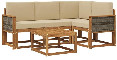vidaXL Outdoor-Sofagarnitur mit Kissen 5 pcs Natur und Beige Polyester, Gartenmöbel, modernes Loungesofa, Eckset für die Terrasse, Robustes Sitzmöbel für drinnen und draußen