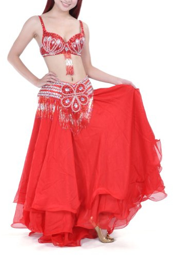 Hoerev Gonna in mussola di seta per danza del ventre, maxi gonna a più strati rosso Taglia unica