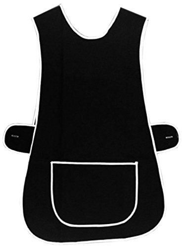 MyShoeStore Ladies Plain Tabard Womens Home Work Kitchen Cleaning Chef Catering Cleaners Workwear Poly Cotton Overall White Piping Edge Tabbard Apron With Pocket Button Fastening(Black,XXXOS)
