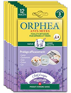 Orphea Anti tarme tessile Fogli per armadi e cassetti (6 x 12 pezzi) naturale, profumo di lavanda. Anti tarme Ideale per abbigliamento, agisce immediatamente - Durata 3 mesi