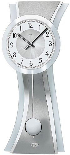 Pendeluhr AMS Wanduhr 7268 Quarz mit Pendel satiniertes Glas mit verchromtem Aluminium