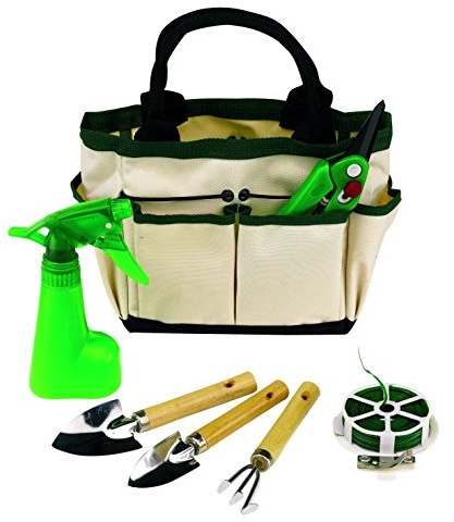 Preiswert&Gut Garten Set Gartenwerkzeug 6teilig mit Segeltuchtasche Harke 2 Schaufeln Rosenschere Wickeldraht und Sprühflasche und Tasche