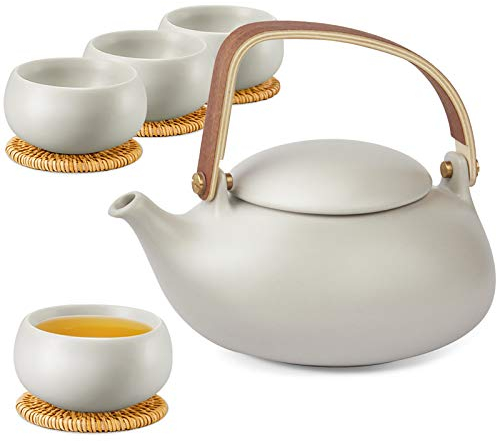 ZENS Teekanne mit Sieb, 800ml Holzgriff Matt Japanische Teeservice Keramik mit 4 Tassen und Rattan Untersetzer für Losen Tee Geschenk/Grau