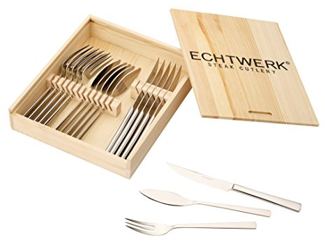 Echtwerk Steakbesteck SARRE , 18-teilig, Steakgabel, Steakmesser, Grillbesteck, Pizzabesteck, scharfe Messer, Edelstahl 18/10 poliert Inkl. Holzkassette Besteck Set, Edelstahl, 25.7x16.7x7.5 cm