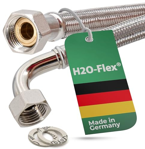 H2O-Flex® Flexschlauch 1/2ÜM x 1/2ÜM Bogen, Trinkwasserzulassung, 1,5m | Panzerschlauch, 1/2 Überwurfmutter x 1/2 Überwurfmutter mit Bogen, flexibler Verbindungsschlauch, Verlängerungsschlauch