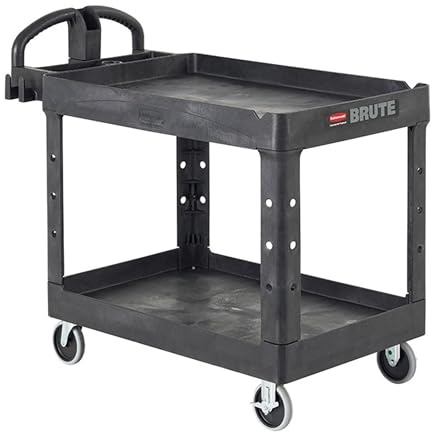 Rubbermaid Commercial Products 2-Shelf Utility/Service Cart, Small, Lipped Shelves, Ergonomic Handle, 500 lbs. Capacity, for Warehouse/Garage/Cleaning/Manufacturing