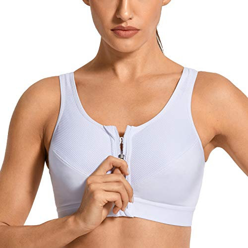 SYROKAN Women's Sports Bra High Impact Front Fastening Zipper Wireless Post Surgery Support Workout Bra White 40D